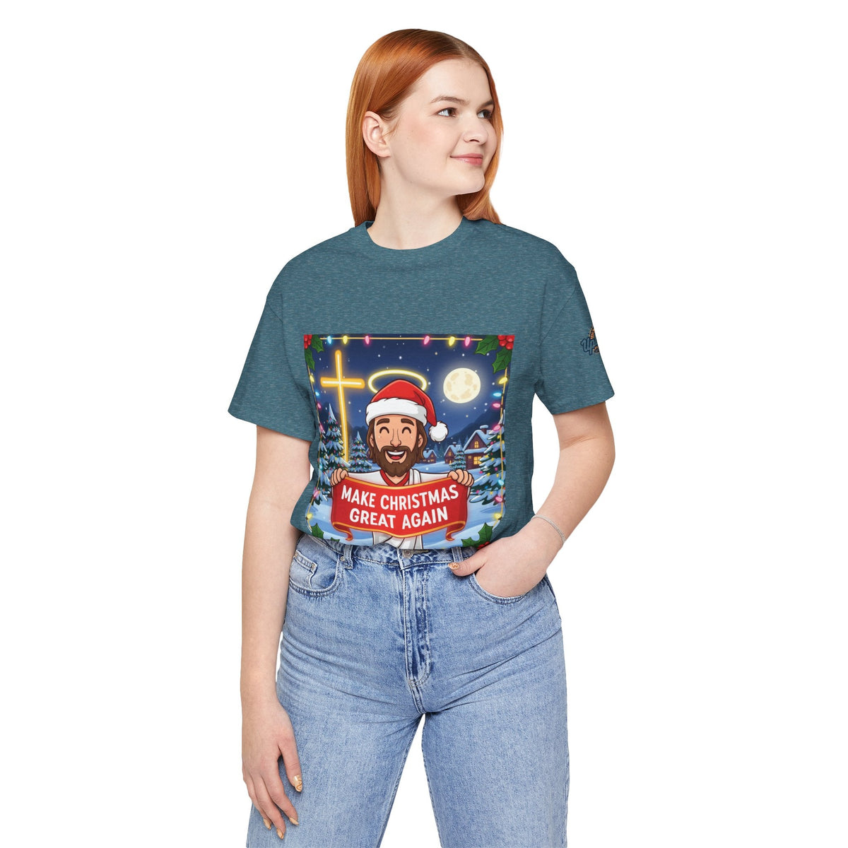 🎄 Make Christmas Great Again – Funny Christian T-Shirt | Jesus Holding Banner | Faith-Based Holiday Parody Tee | Uplifted Gear Printify