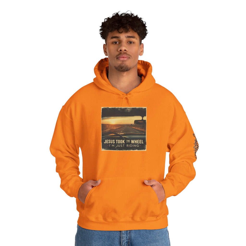 Jesus Took the Wheel I'm Just Riding Hoodie – Funny Christian Convertible Car Sweatshirt for Surrendered Faith & Humor Printify