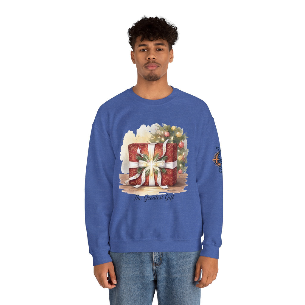 The Greatest Gift Sweatshirt – Cross Bow Present Christian Sweatshirt for Christmas Salvation & Eternal Faith Printify