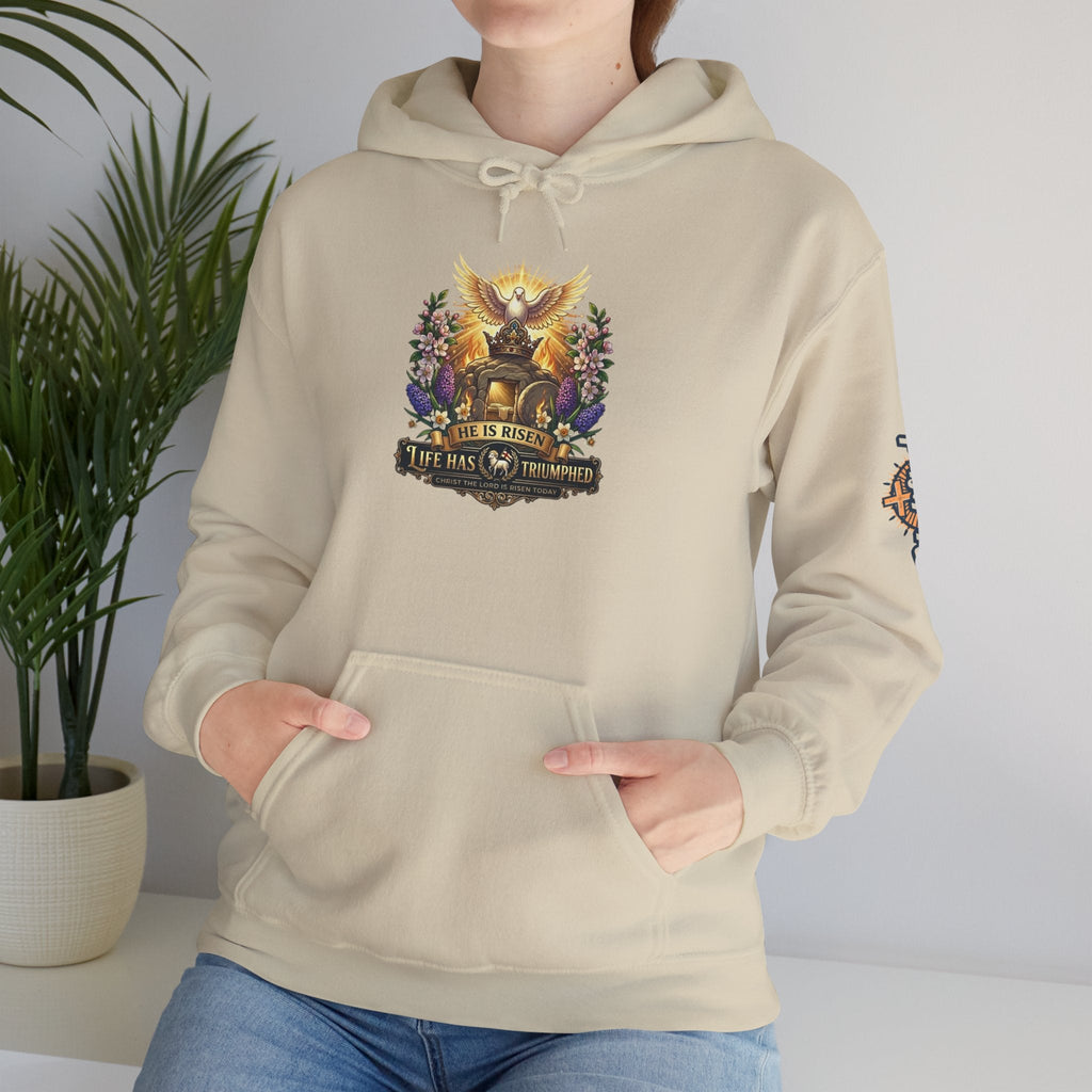 He Is Risen "Life Has Triumphed" Hoodie — Easter Resurrection Christian Hoodie Printify