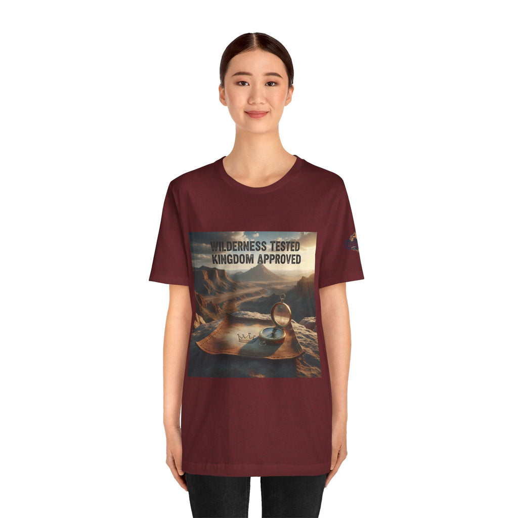 Wilderness Tested Kingdom Approved T-shirt – Mountain Desert Compass Crown Christian T-shirt for Biblical Adventure Faith Printify
