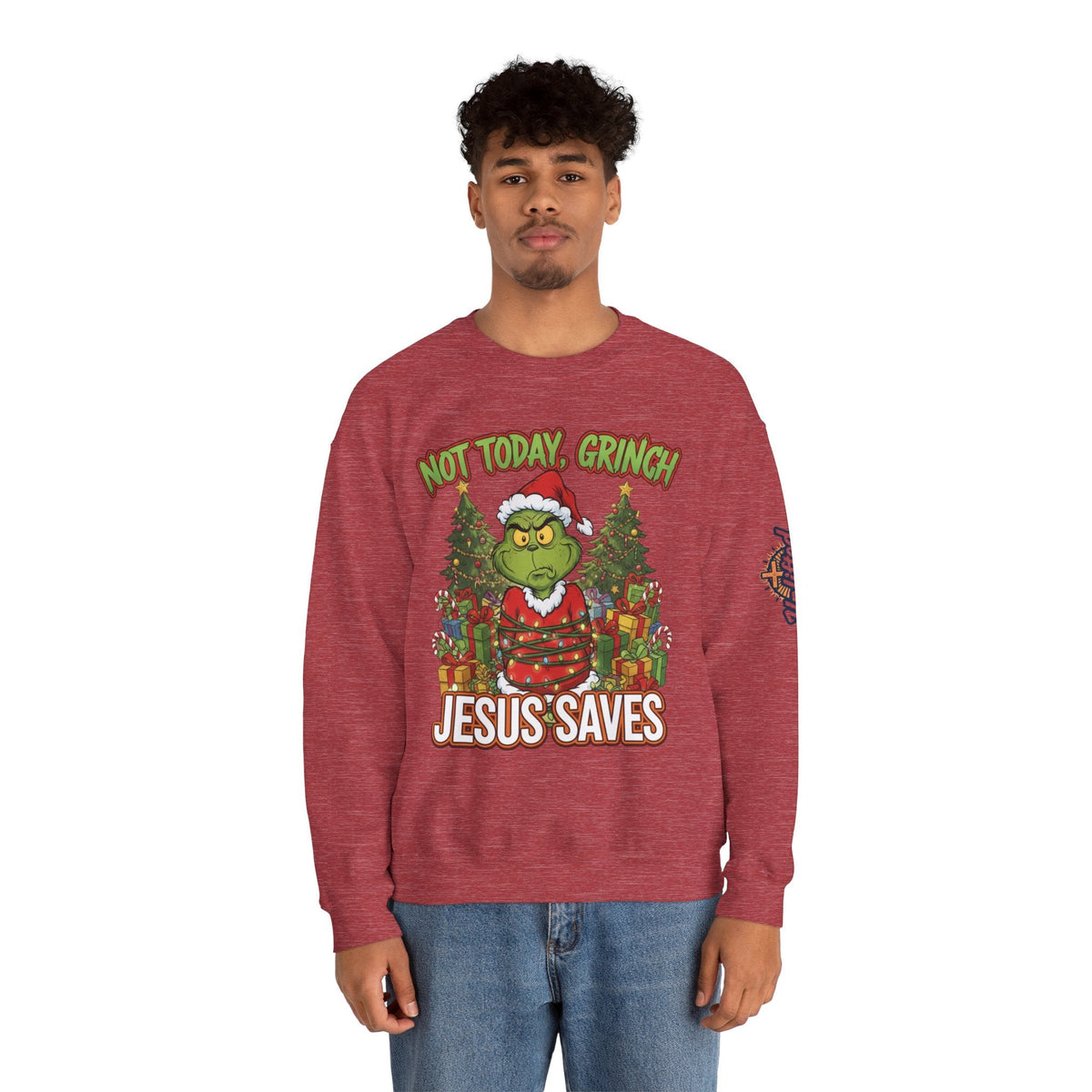 🎄 Not Today, Grinch – Jesus Saves | Funny Christian Christmas Sweatshirt | Sulking Grinch & Glowing Cross | Bold Neon Faith Tee by Uplifted Gear Printify