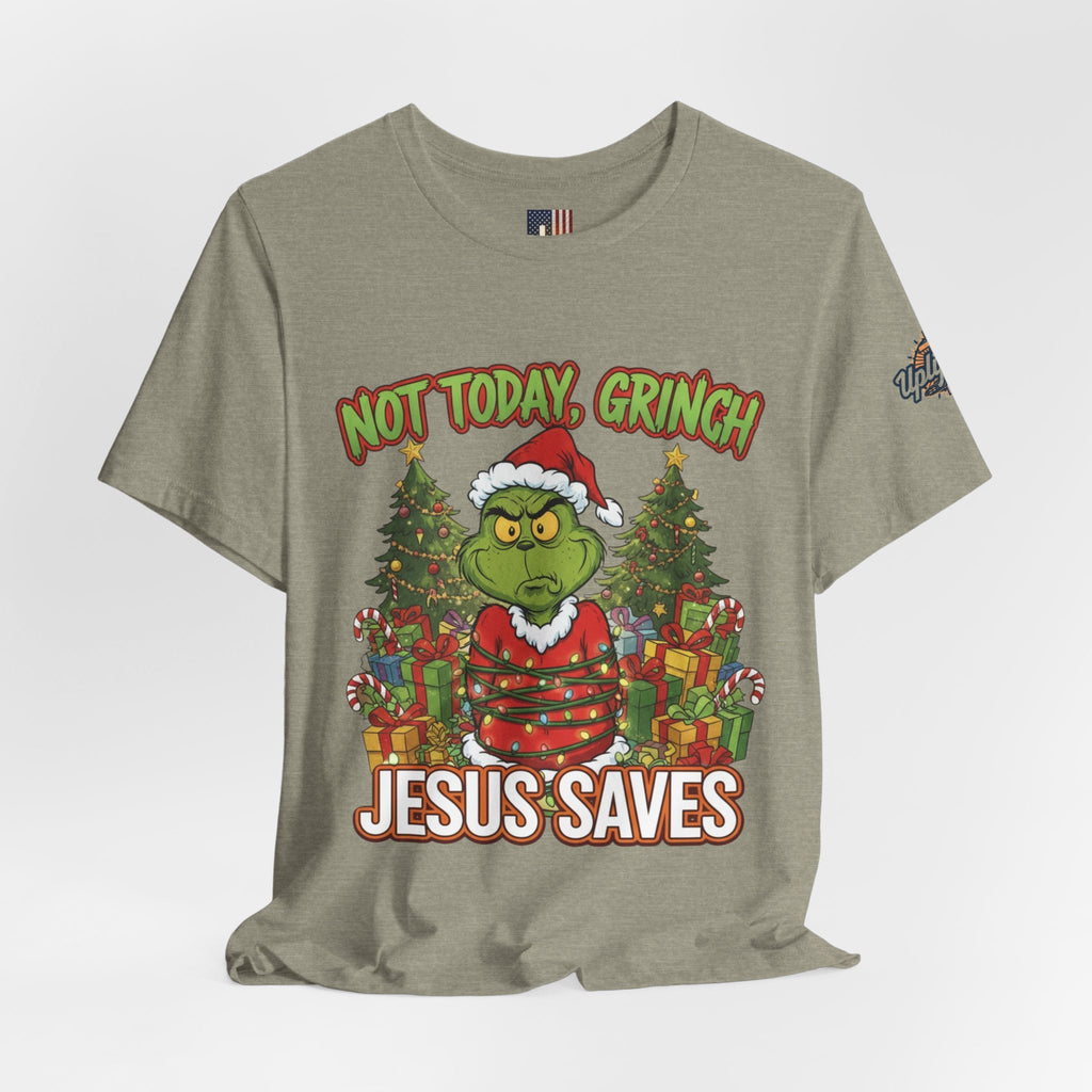 🎄 Not Today, Grinch – Jesus Saves | Funny Christian Christmas T-Shirt | Sulking Grinch & Glowing Cross | Bold Neon Faith Tee by Uplifted Gear Printify