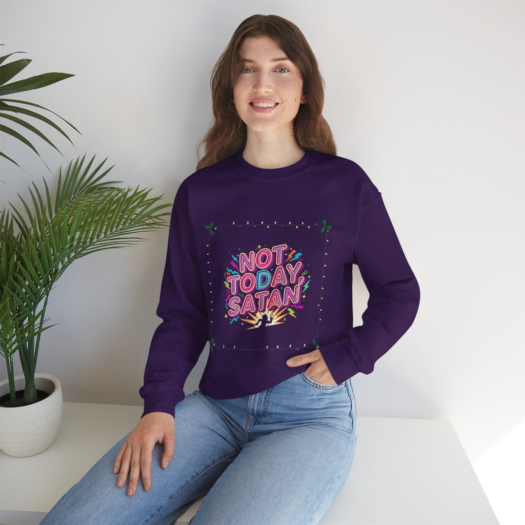 🔥 Not Today, Satan – Retro 90s Christian Sweatshirt | Neon Faith Tee | Funky Cartoon Devil | Bold Bible Verse Shirt | Uplifted Gear Printify
