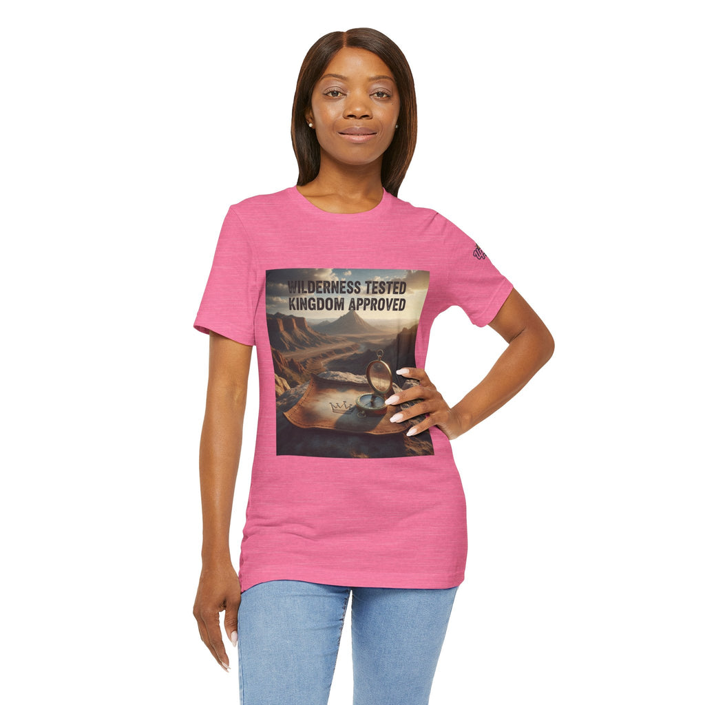 Wilderness Tested Kingdom Approved T-shirt – Mountain Desert Compass Crown Christian T-shirt for Biblical Adventure Faith Printify