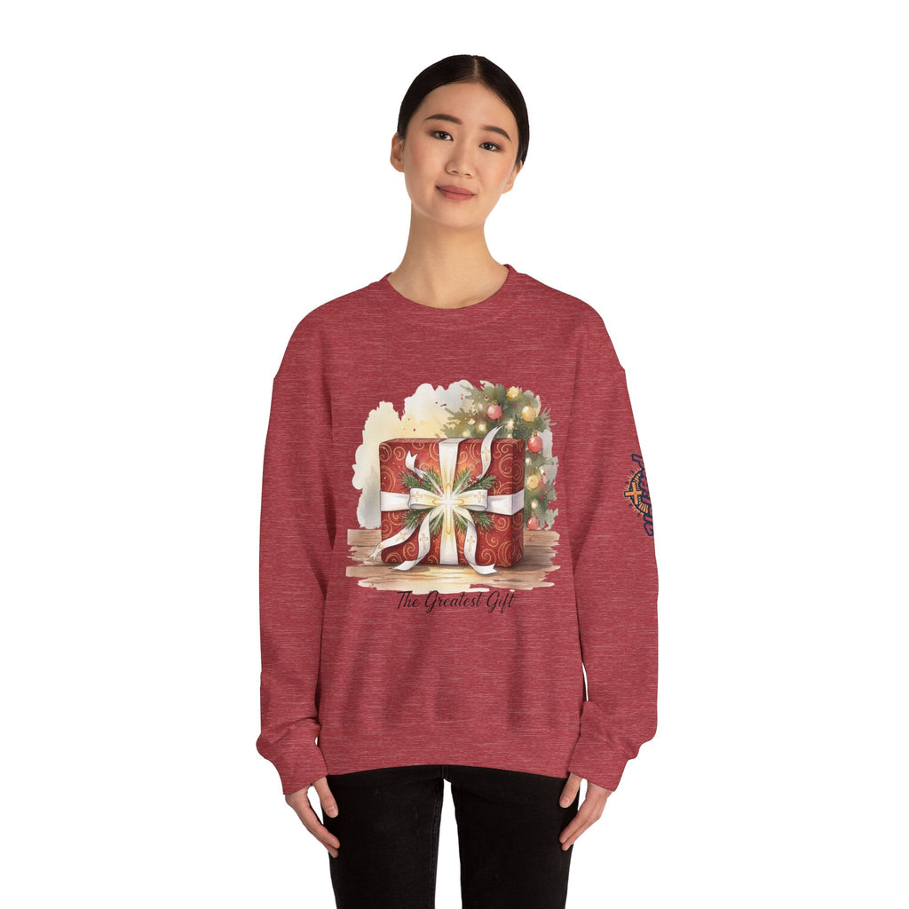 The Greatest Gift Sweatshirt – Cross Bow Present Christian Sweatshirt for Christmas Salvation & Eternal Faith Printify