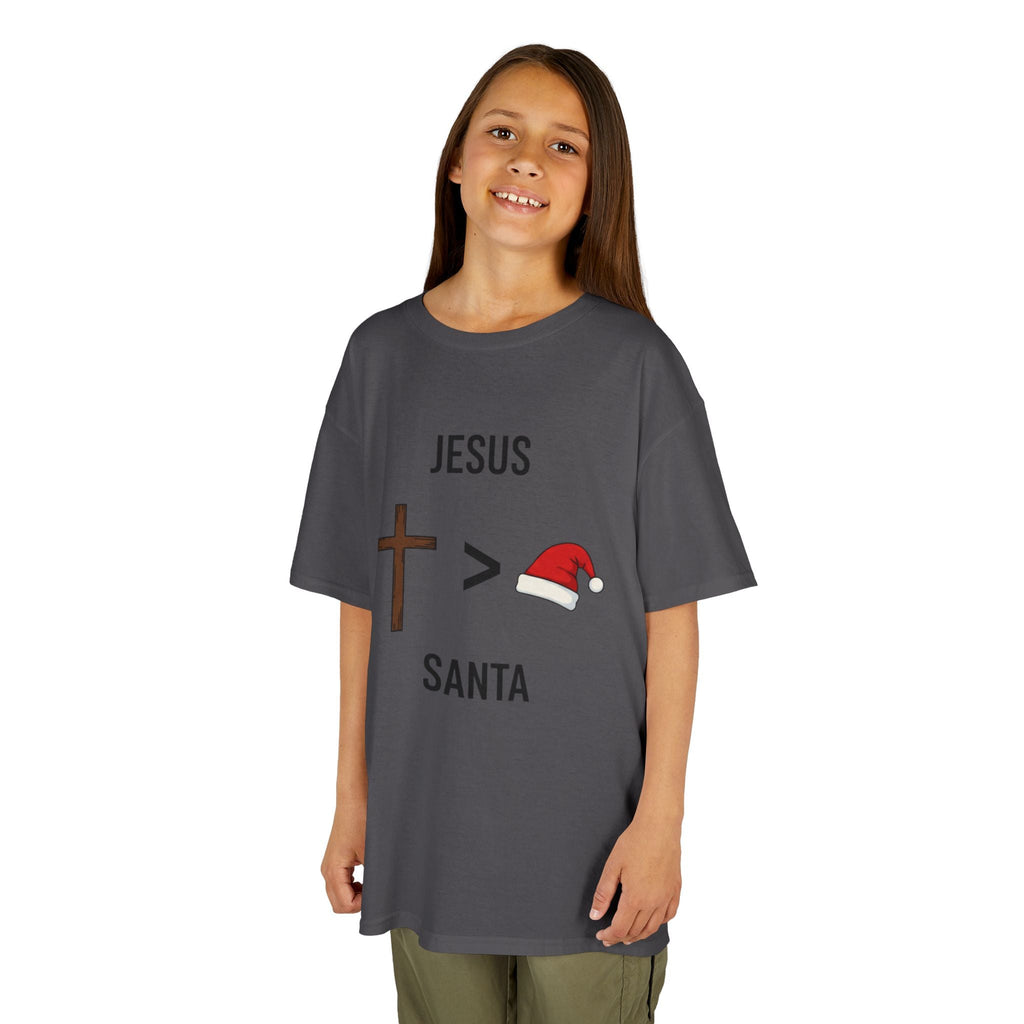 🎄 Jesus > Santa – Minimalist Christian Christmas Kids T-Shirt | Bold Faith Over Holiday Tee | Cross vs Santa Hat Design | Uplifted Gear Printify