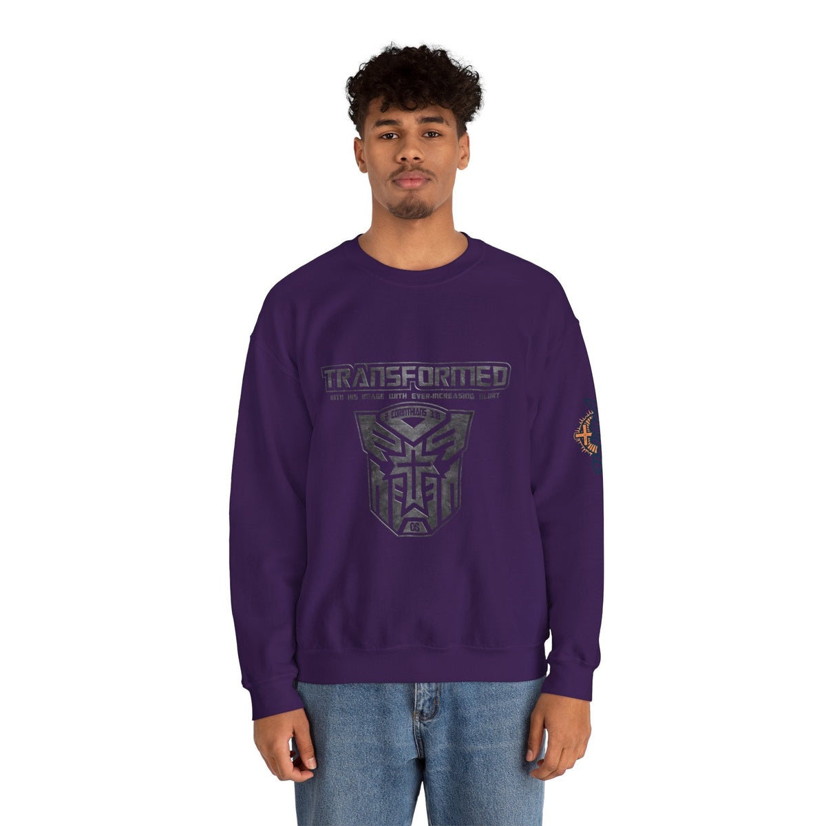Transformer Logo Christian Sweatshirt | 2 Corinthians 3:18 Bible Verse Sweatshirt Printify