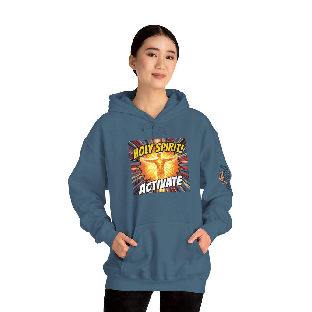 Holy Spirit Activate Hoodie – Superhero Christian Sweatshirt with Vibrant Power-Up Design for Faith-Fueled Boldness Printify