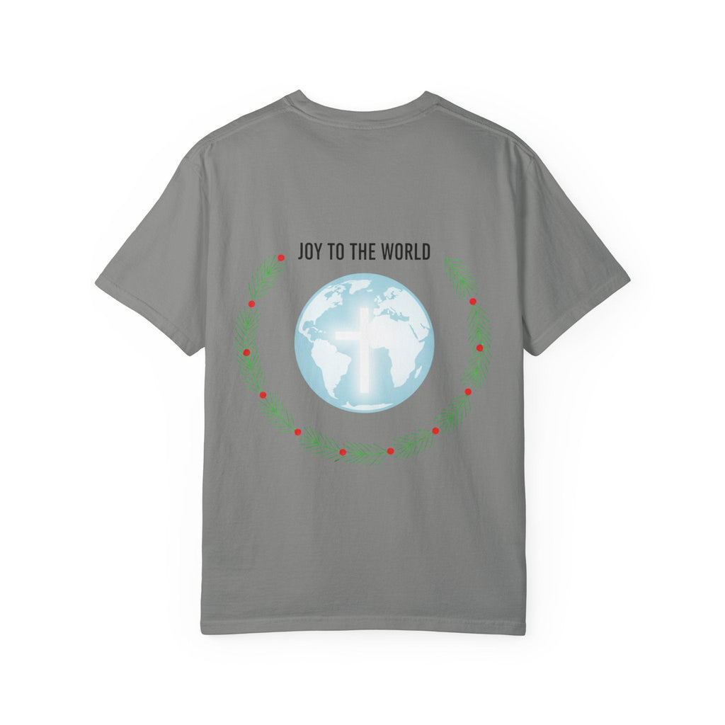 Joy to the World T-shirt – Wreath Earth Nativity Christian Christmas T-shirt for Isaiah 9:6 Holiday Faith & Festive Joy Printify