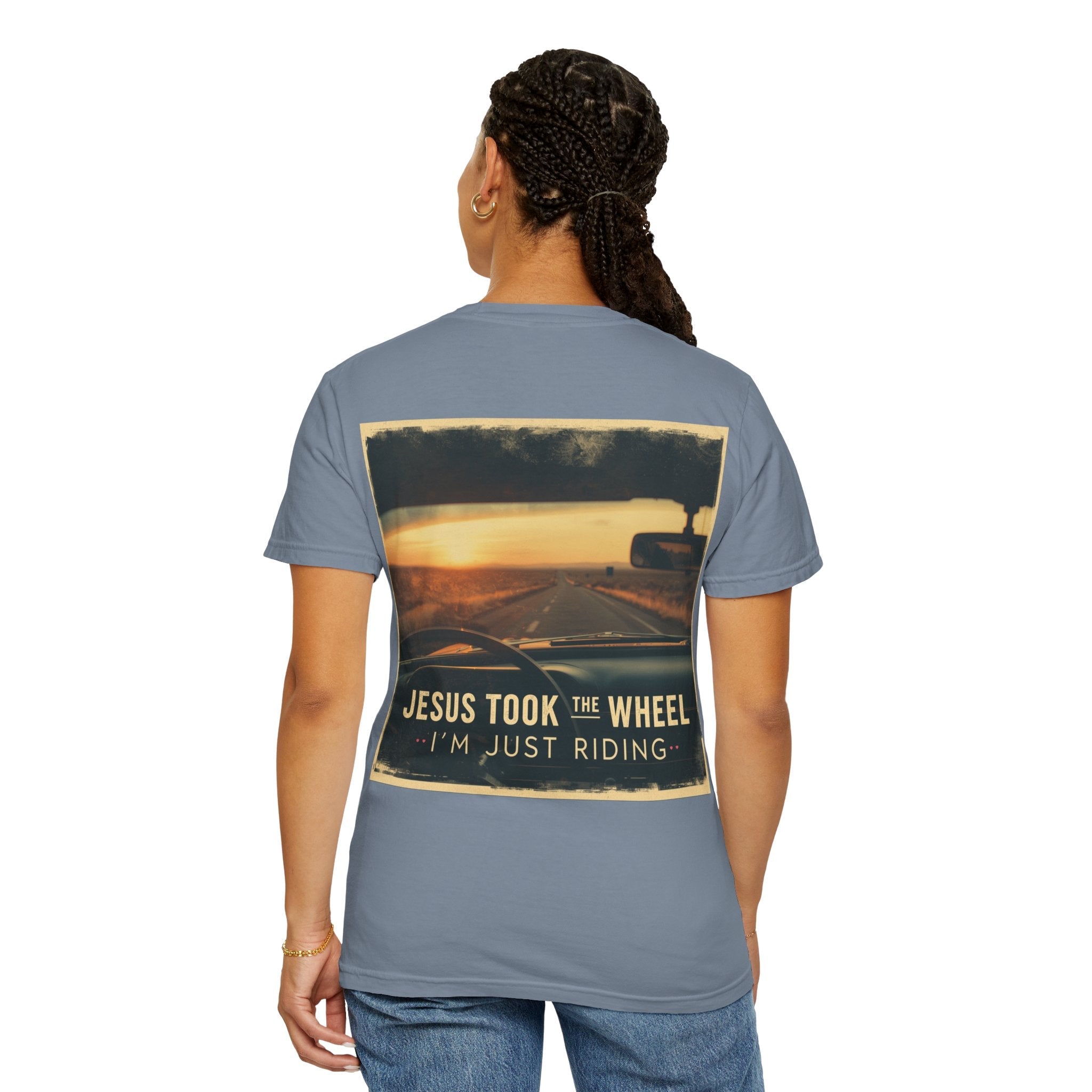 Jesus Took the Wheel I'm Just Riding T-shirt – Funny Christian Convertible Car T-shirt for Surrendered Faith & Humor Printify