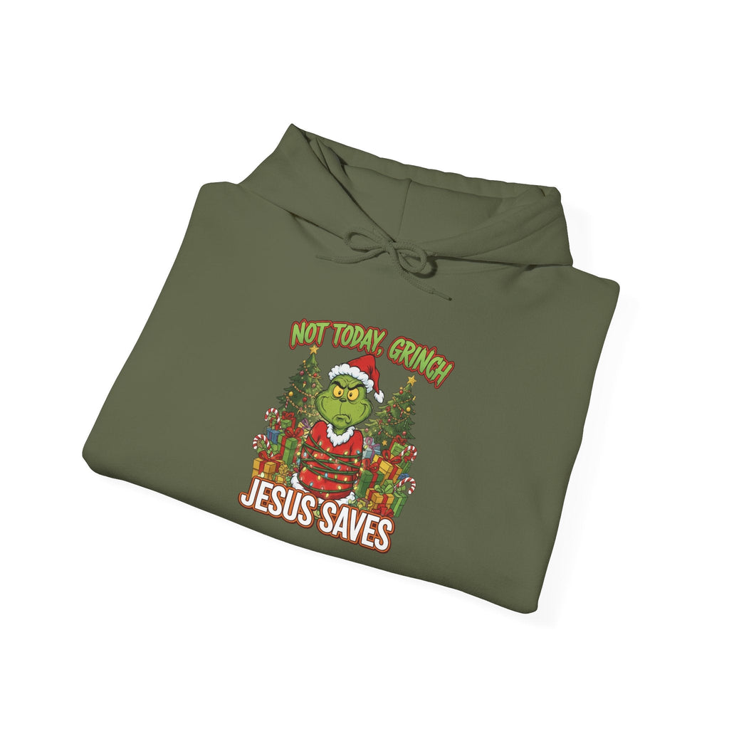 🎄 Not Today, Grinch – Jesus Saves | Funny Christian Christmas Hoodie | Sulking Grinch & Glowing Cross | Bold Neon Faith Tee by Uplifted Gear Printify