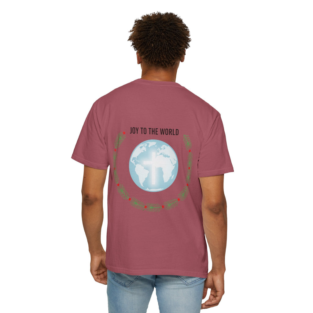 Joy to the World T-shirt – Wreath Earth Nativity Christian Christmas T-shirt for Isaiah 9:6 Holiday Faith & Festive Joy Printify