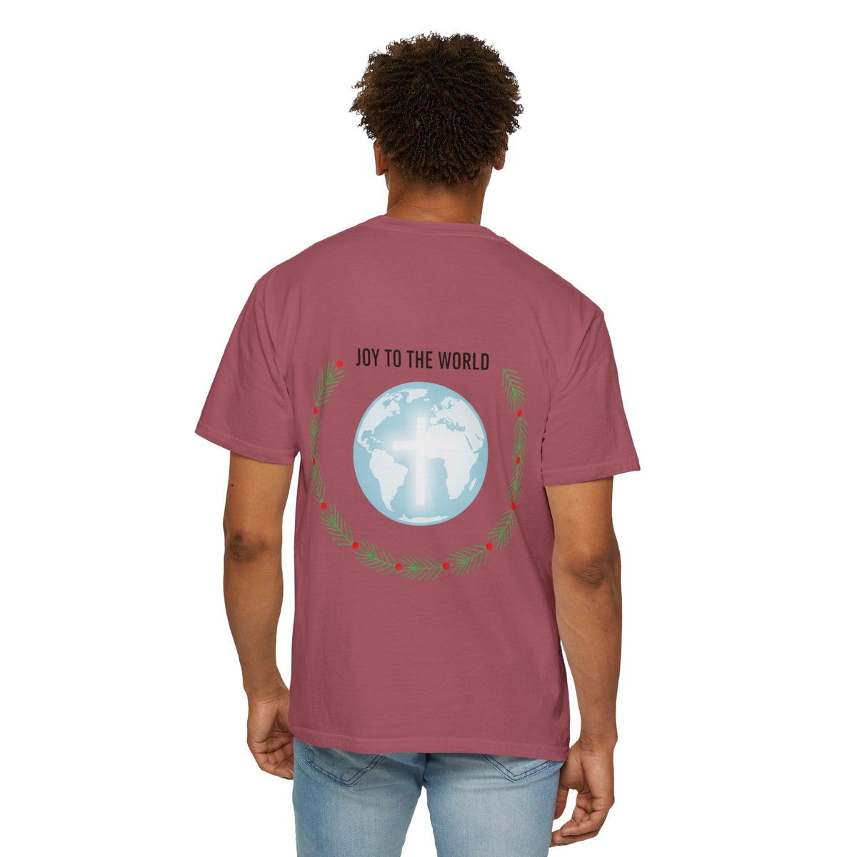 Joy to the World T-shirt – Wreath Earth Nativity Christian Christmas T-shirt for Isaiah 9:6 Holiday Faith & Festive Joy Printify