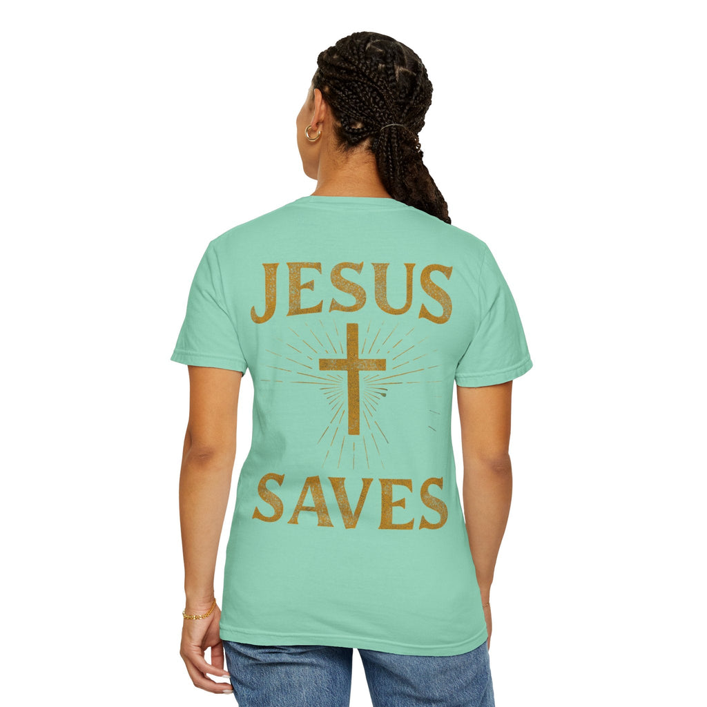 Jesus Saves T-shirt – Radiant Cross & Rays of Light Christian T-shirt for Eternal Hope & Faith Printify