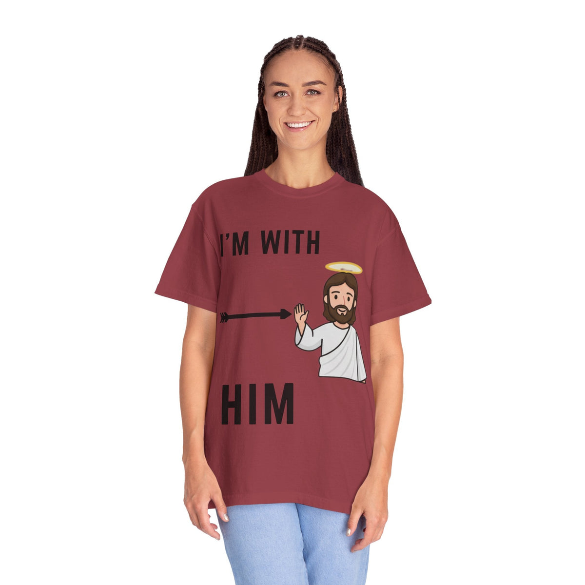 🔥 I’m With Him → Christian T-Shirt | Arrow Pointing to Jesus | Minimalist Faith Tee | Subtle Cross Design | Bible-Inspired Apparel by Uplifted Gear Printify