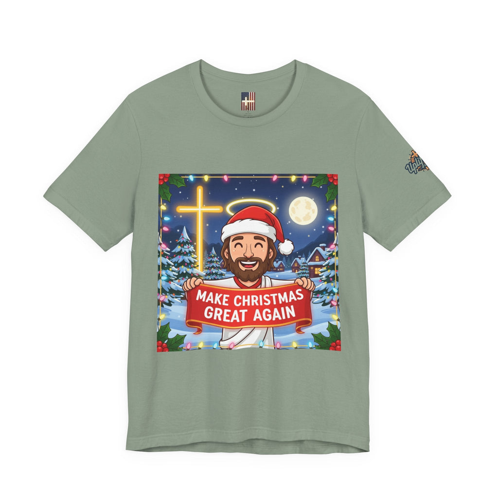 🎄 Make Christmas Great Again – Funny Christian T-Shirt | Jesus Holding Banner | Faith-Based Holiday Parody Tee | Uplifted Gear Printify