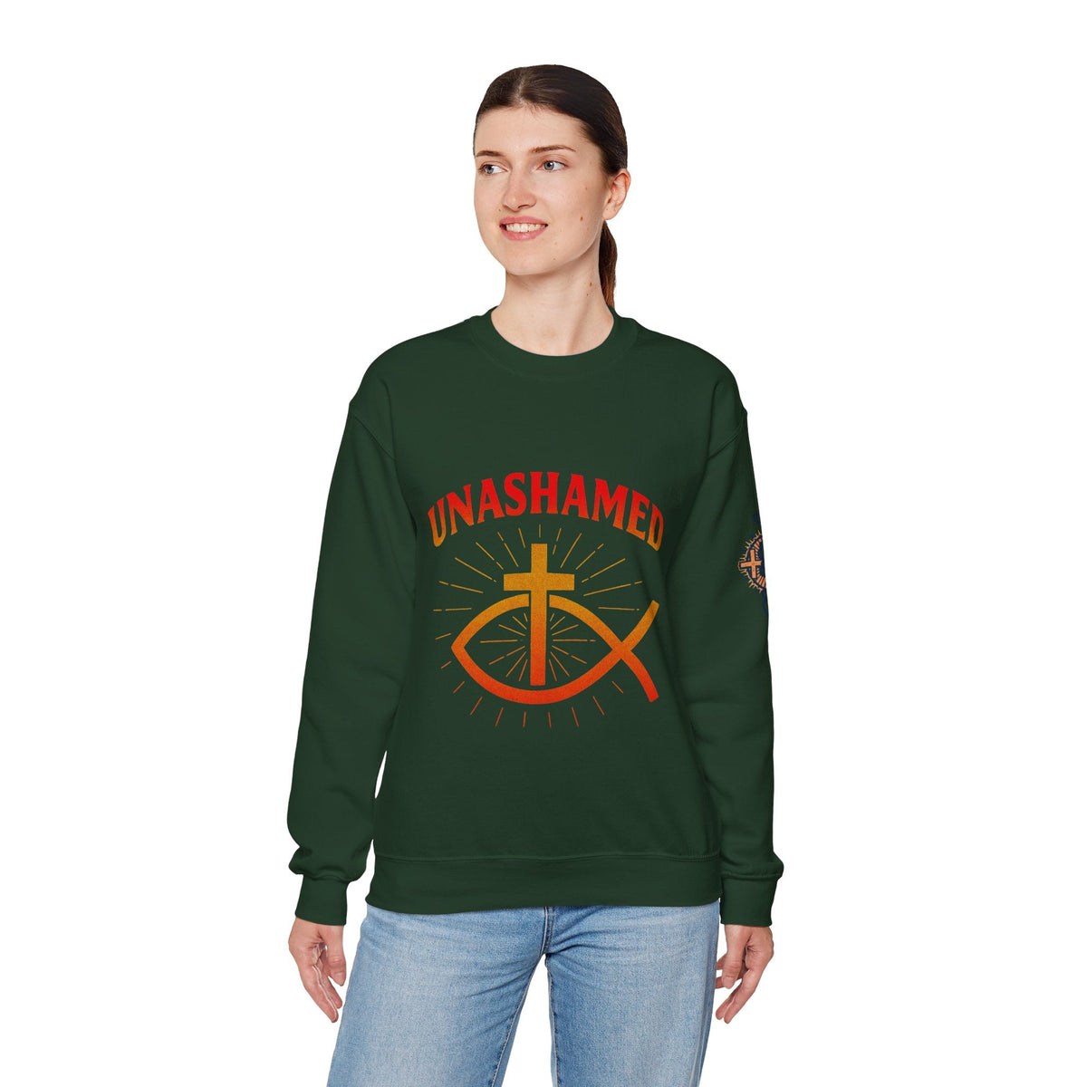Unashamed Sweatshirt – Ichthys Jesus Fish & Cross Christian Sweatshirt for Romans 1:16 Bold Faith Printify