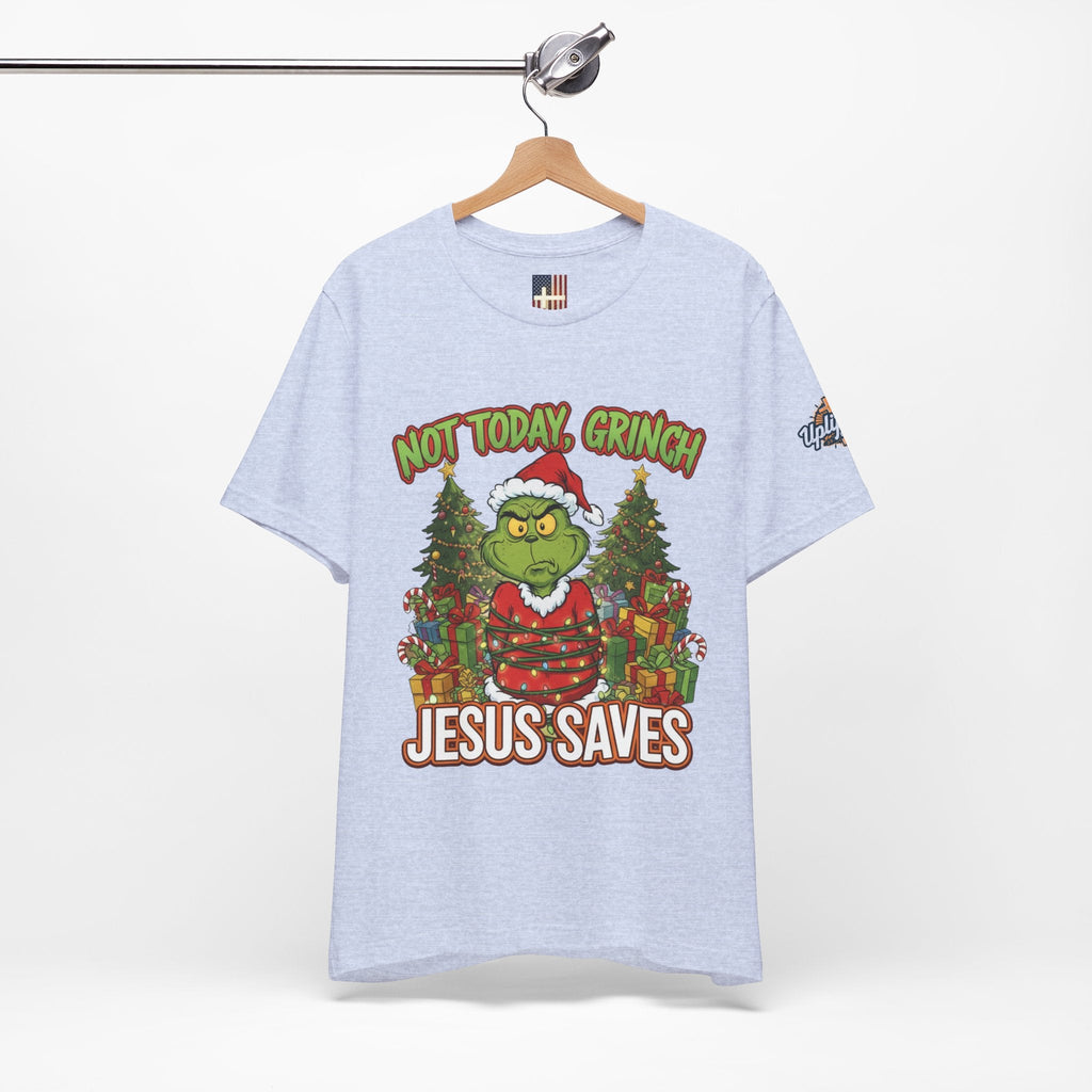 🎄 Not Today, Grinch – Jesus Saves | Funny Christian Christmas T-Shirt | Sulking Grinch & Glowing Cross | Bold Neon Faith Tee by Uplifted Gear Printify
