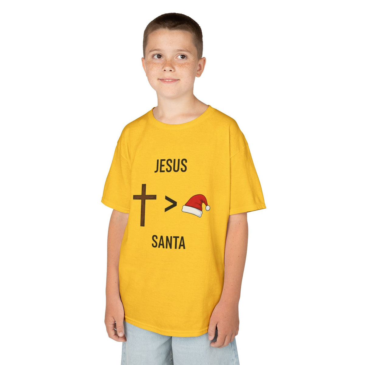 🎄 Jesus > Santa – Minimalist Christian Christmas Kids T-Shirt | Bold Faith Over Holiday Tee | Cross vs Santa Hat Design | Uplifted Gear Printify