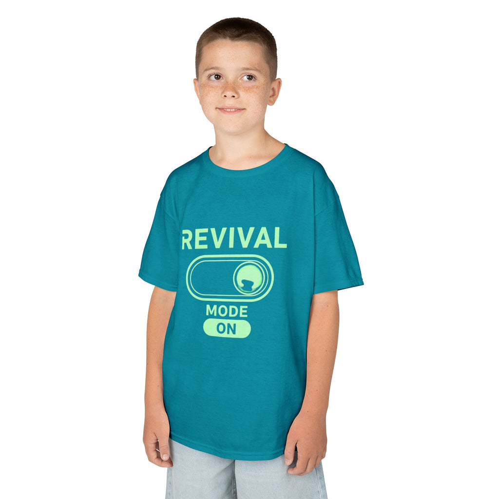 🔥 Revival Mode: ON – Christian Techwear Kids T-Shirt | Glowing Green Faith Switch | Futuristic Jesus Shirt | Activate Your Spiritual Awakening | Uplifted Gear Printify