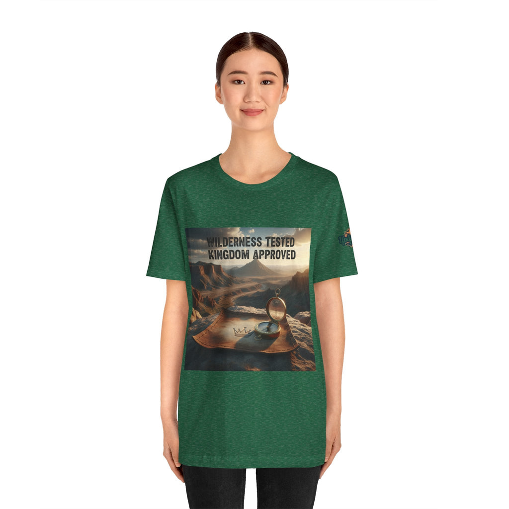 Wilderness Tested Kingdom Approved T-shirt – Mountain Desert Compass Crown Christian T-shirt for Biblical Adventure Faith Printify