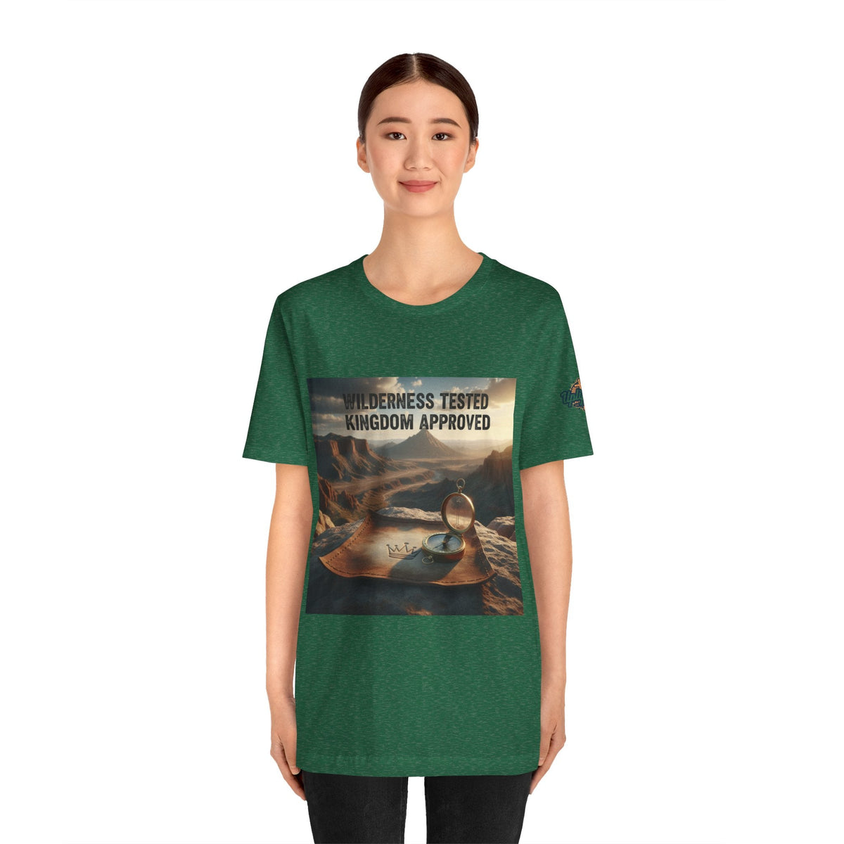 Wilderness Tested Kingdom Approved T-shirt – Mountain Desert Compass Crown Christian T-shirt for Biblical Adventure Faith Printify