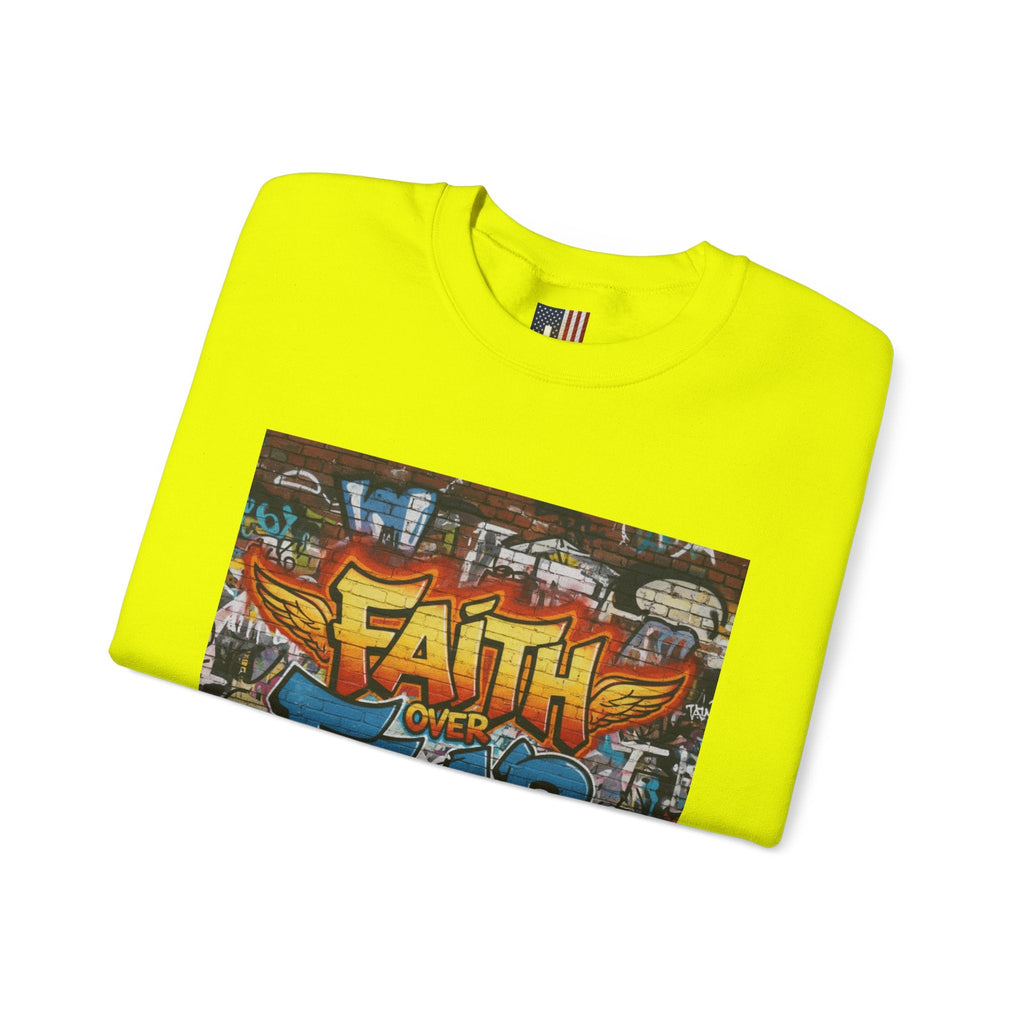 Faith Over Fear Sweatshirt – Graffiti Wall Christian Sweatshirt for Bold 2 Corinthians 5:7 Streetwear & Unshakable Faith Printify