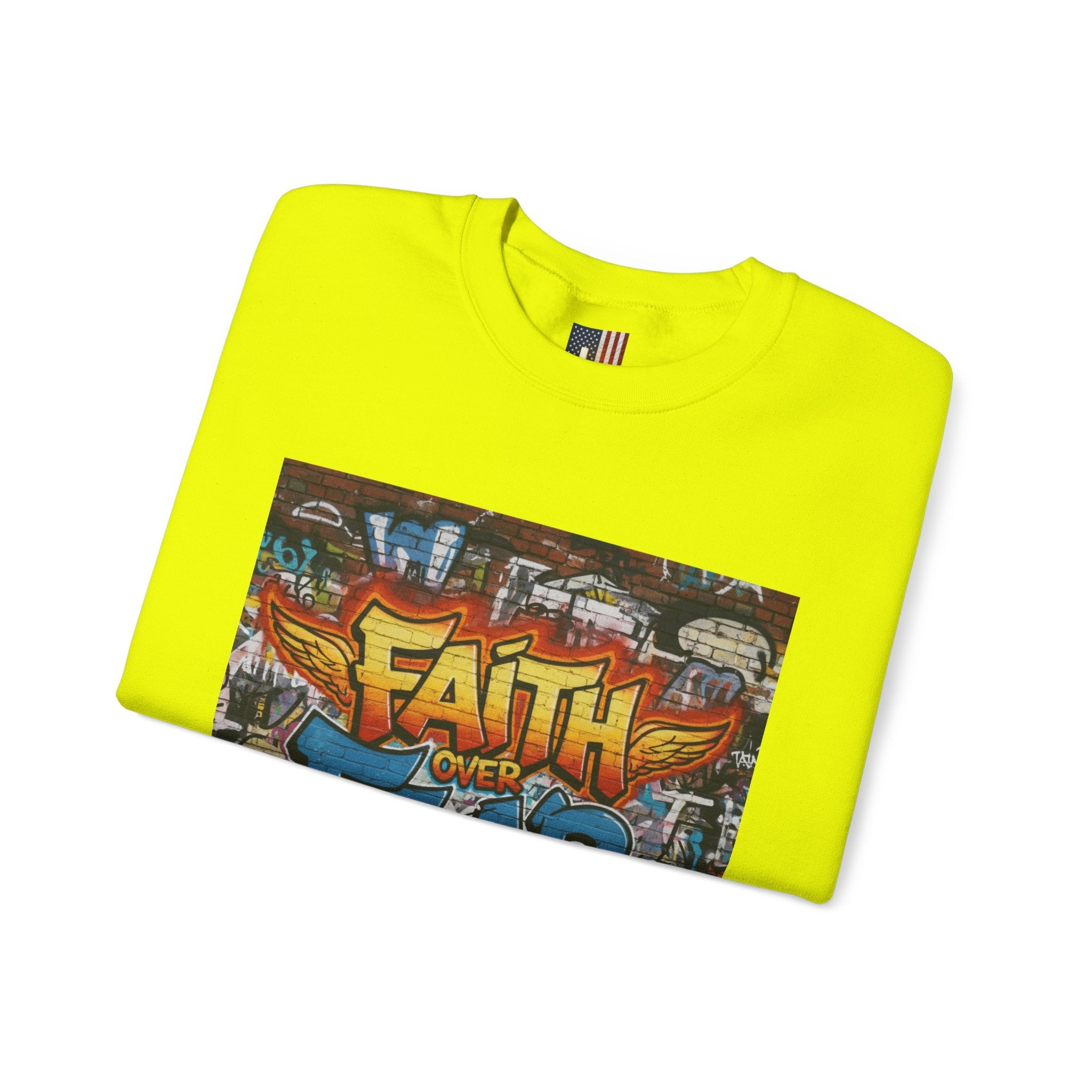 Faith Over Fear Sweatshirt – Graffiti Wall Christian Sweatshirt for Bold 2 Corinthians 5:7 Streetwear & Unshakable Faith Printify