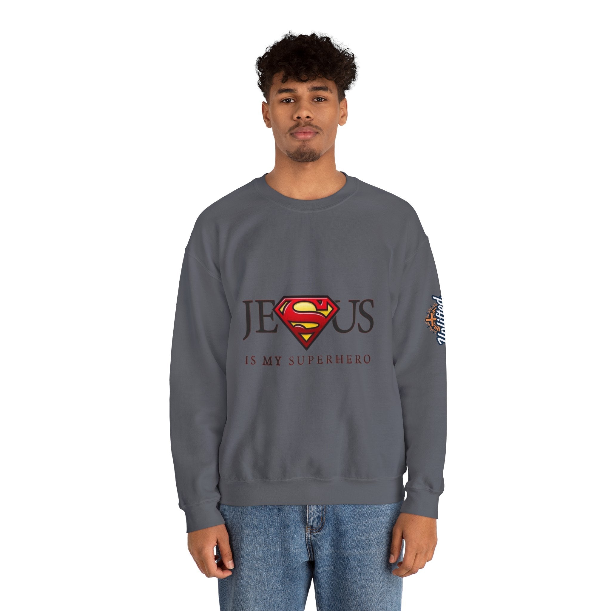 Jesus Is My Superhero Crewneck Sweatshirt Printify