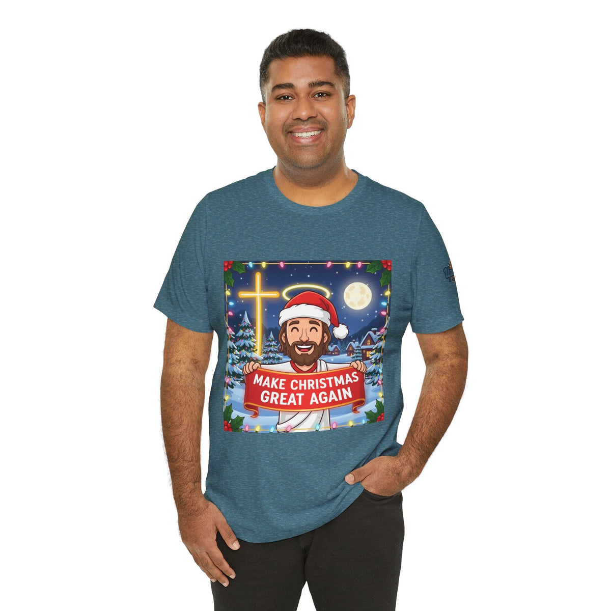 🎄 Make Christmas Great Again – Funny Christian T-Shirt | Jesus Holding Banner | Faith-Based Holiday Parody Tee | Uplifted Gear Printify