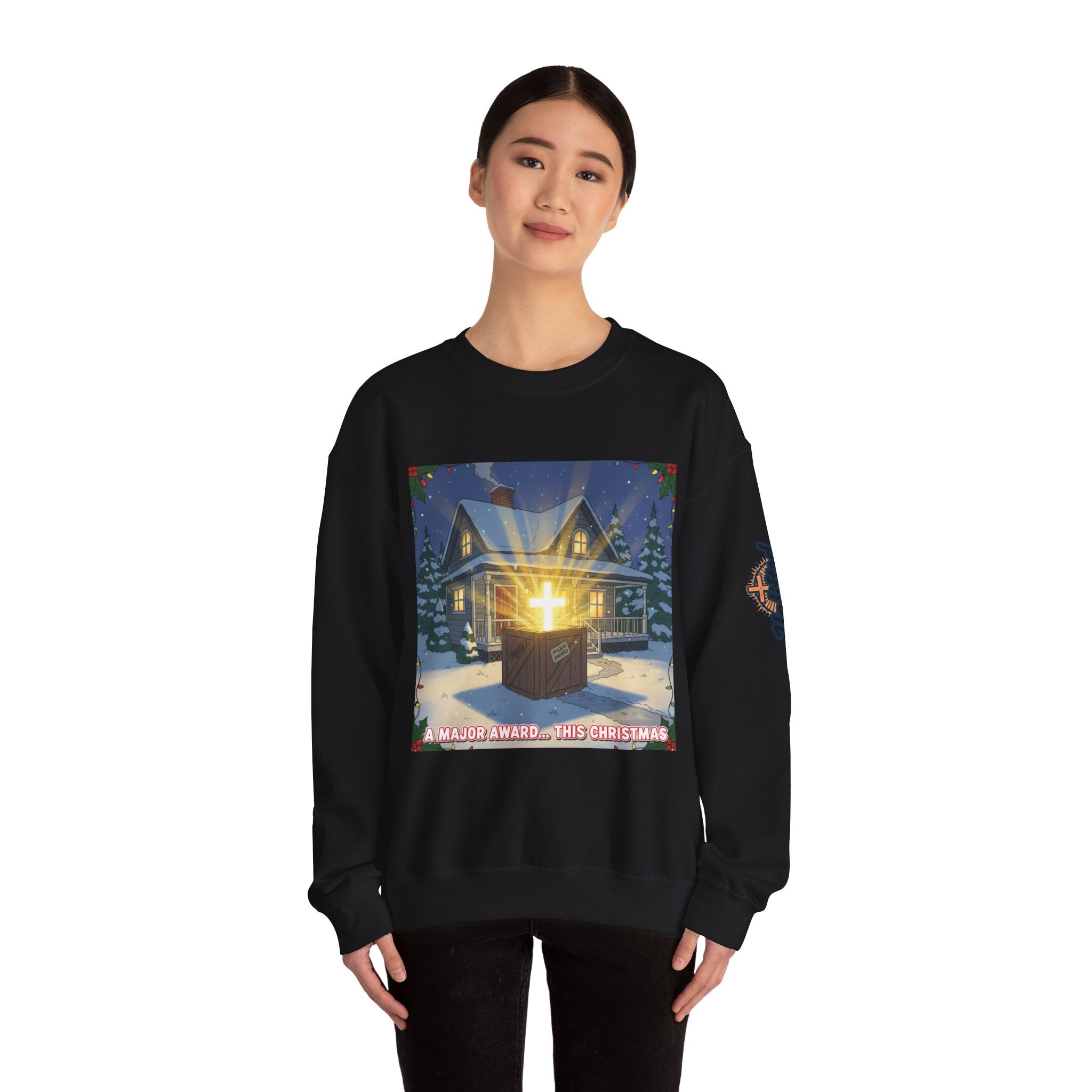A Major Award This Christmas Sweatshirt – Fragile Leg Lamp Parody Cross Unboxing Christian Sweatshirt for Hilarious Faith & Holiday Glow Printify