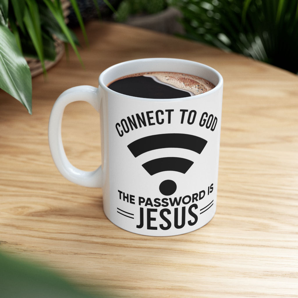 Connect to God Coffee Mug — "WIFI Password is Jesus" Funny Christian Faith Mug Printify