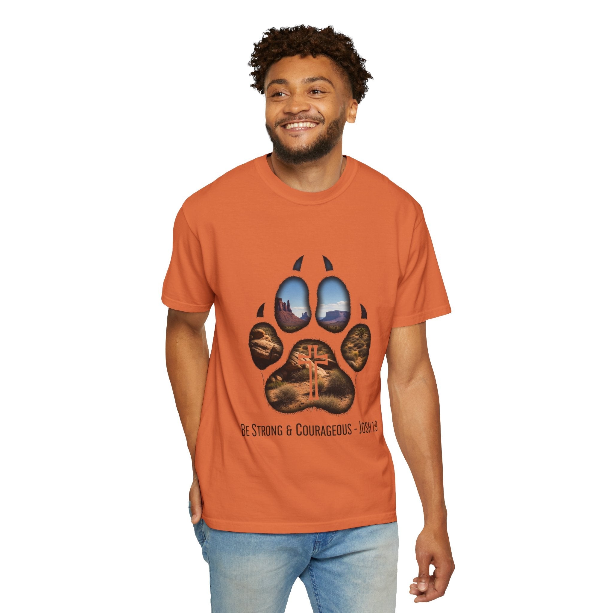 Strong and Courageous T-Shirt – Canine Pawprint Desert Joshua 1:9 Christian Tee Printify