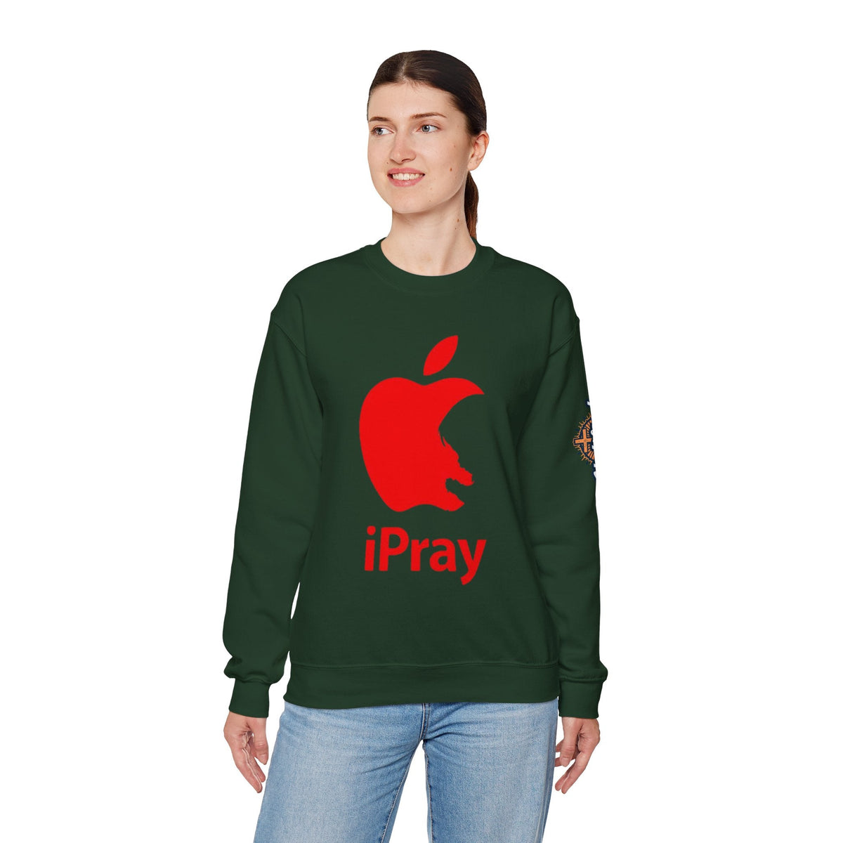 iPray Apple Logo Sweatshirt — Funny Christian Sweatshirt (Minimal Red Apple Graphic) Printify