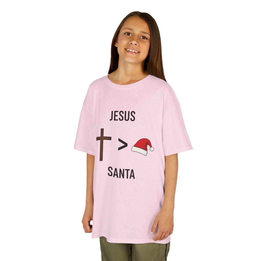 🎄 Jesus > Santa – Minimalist Christian Christmas Kids T-Shirt | Bold Faith Over Holiday Tee | Cross vs Santa Hat Design | Uplifted Gear Printify