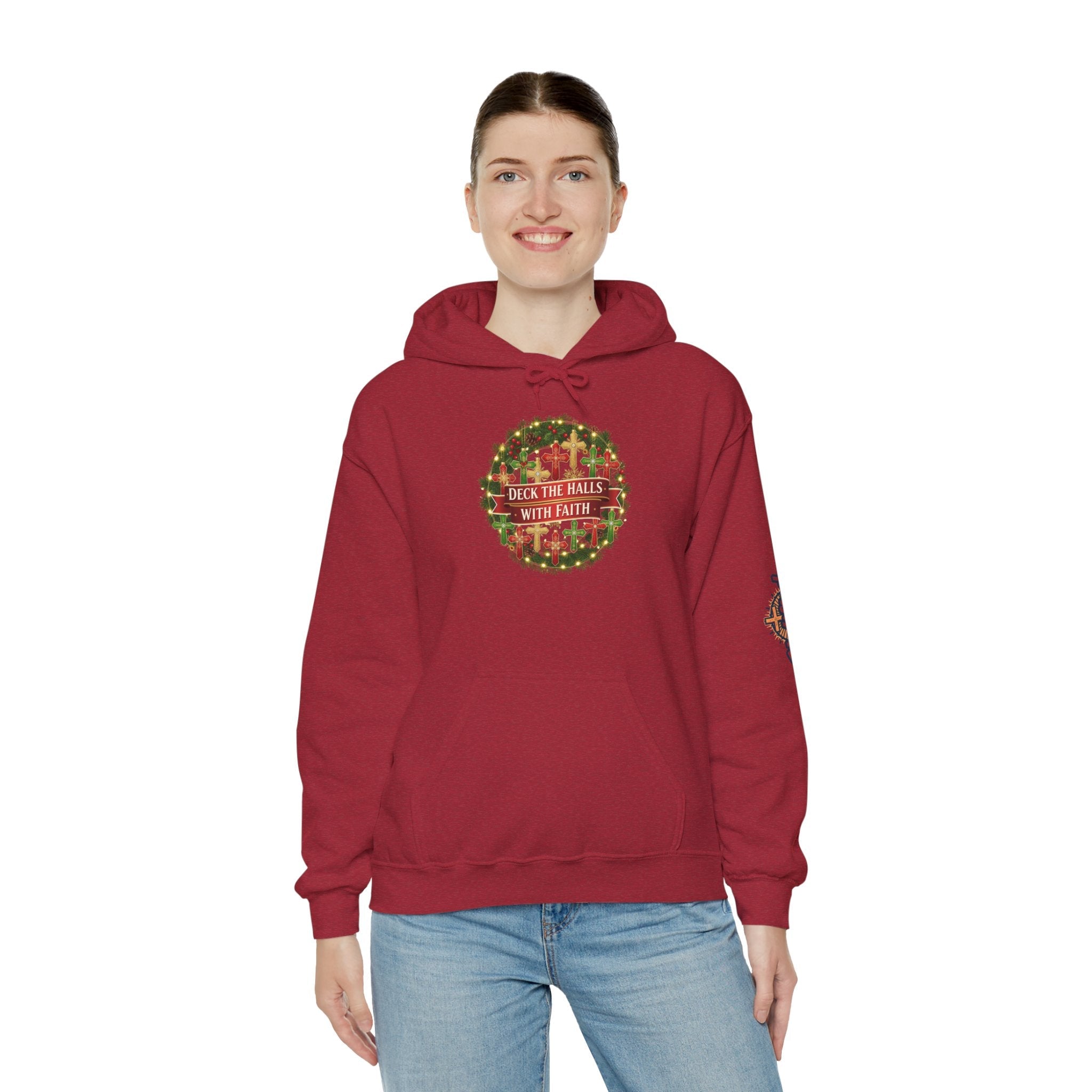 🎄 Deck the Halls with Faith – Christian Christmas Hoodie | Cross Ornament Design & Festive Garland | Bold Holiday Faith Tee by Uplifted Gear Printify