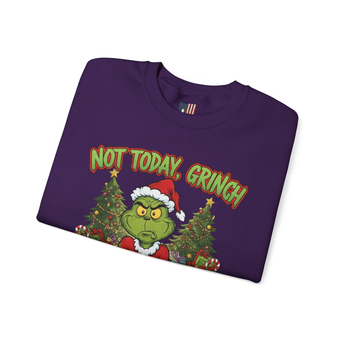 🎄 Not Today, Grinch – Jesus Saves | Funny Christian Christmas Sweatshirt | Sulking Grinch & Glowing Cross | Bold Neon Faith Tee by Uplifted Gear Printify