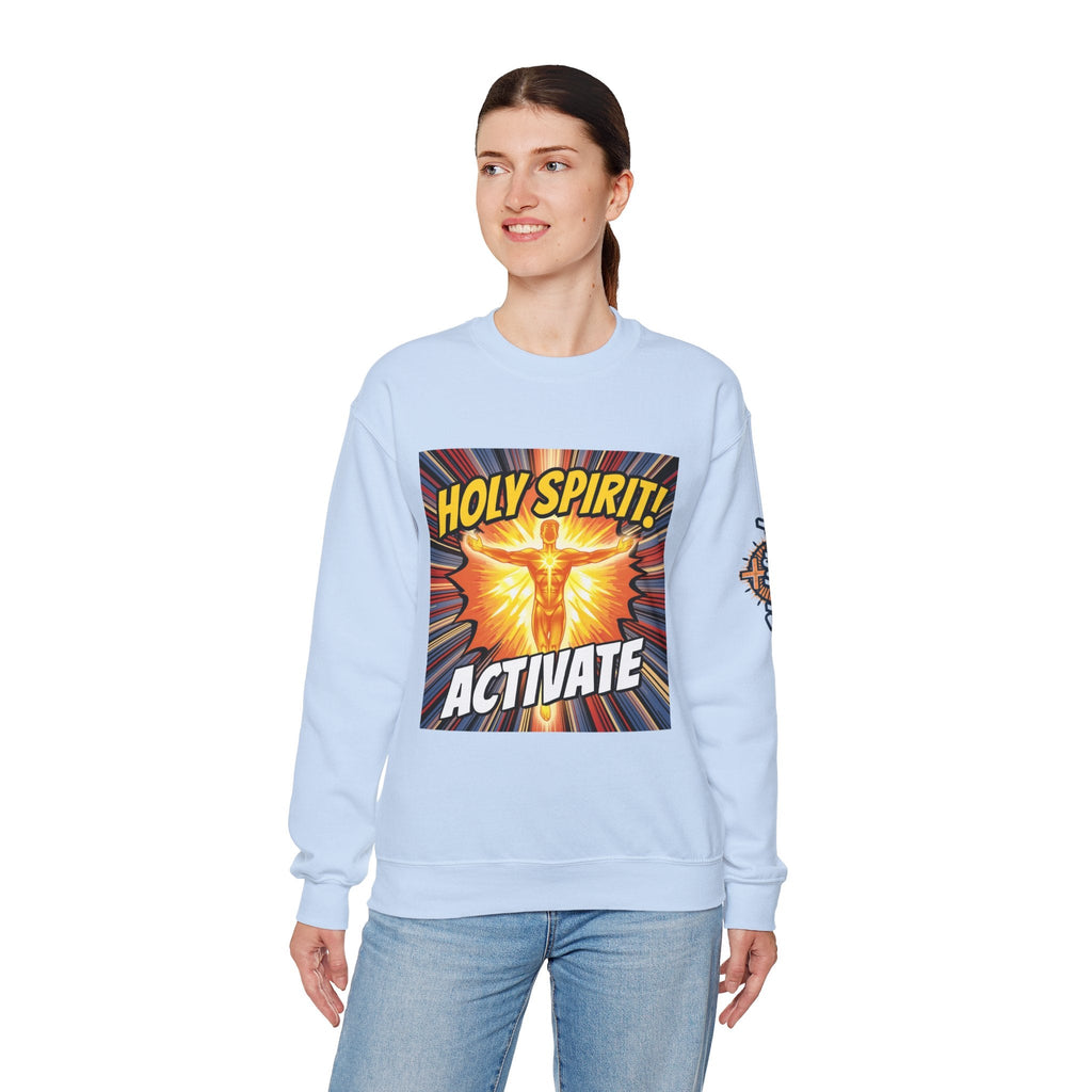 Holy Spirit Activate Sweatshirt – Superhero Christian Sweatshirt with Vibrant Power-Up Design for Faith-Fueled Boldness Printify