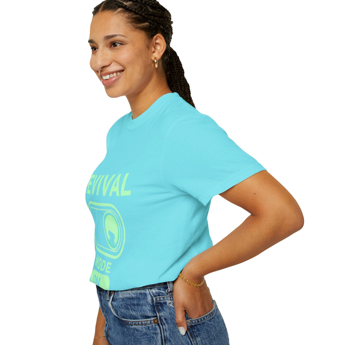 🔥 Revival Mode: ON – Christian Techwear T-Shirt | Glowing Green Faith Switch | Futuristic Jesus Shirt | Activate Your Spiritual Awakening | Uplifted Gear Printify