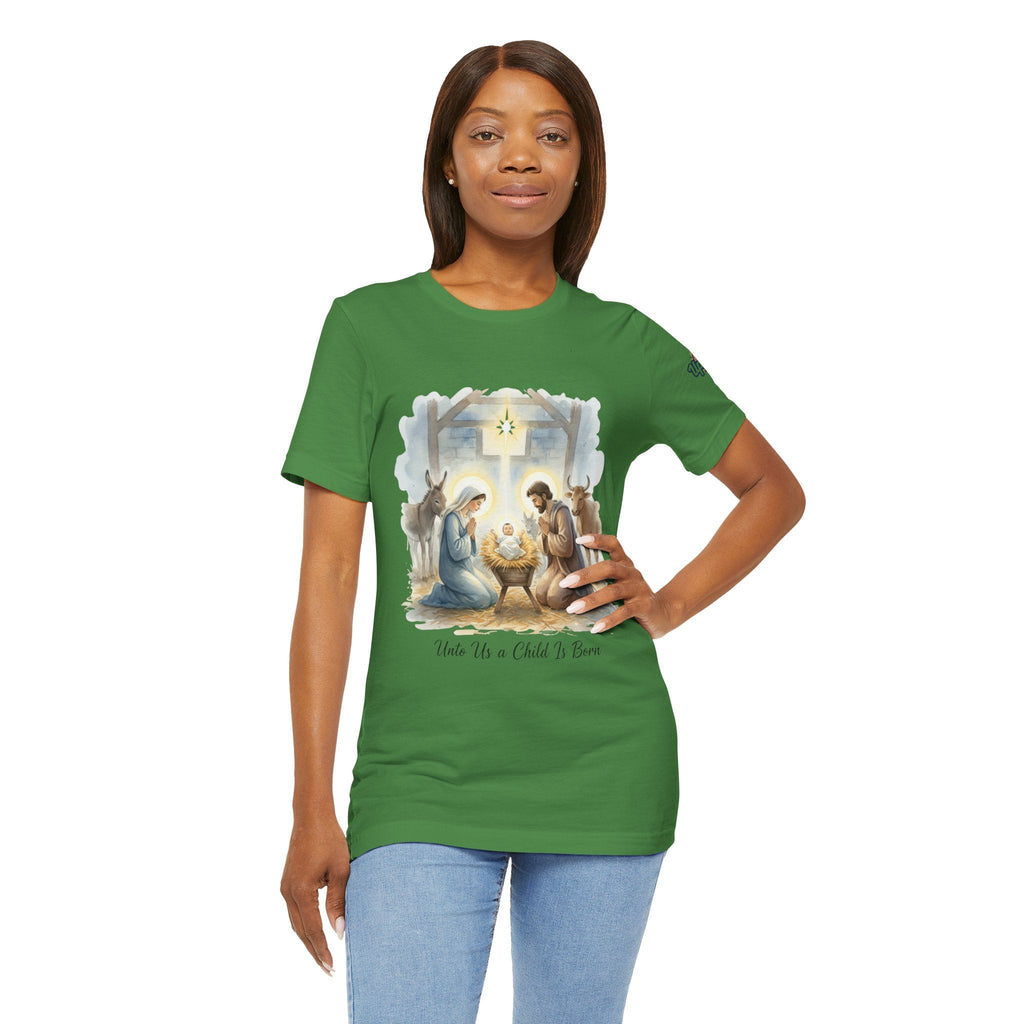 Unto Us a Child is Born T-shirt – Isaiah 9:6 Nativity Manger Scene Christian Christmas T-shirt for Holy Night Faith Printify
