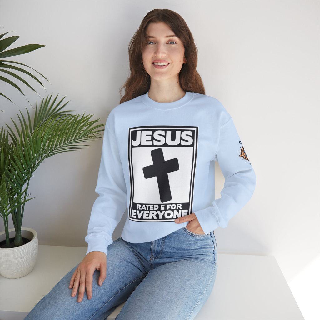 Jesus, Rated E for Everyone Sweatshirt - Gamer Faith Sweatshirt - Christian Video Game Parody Printify