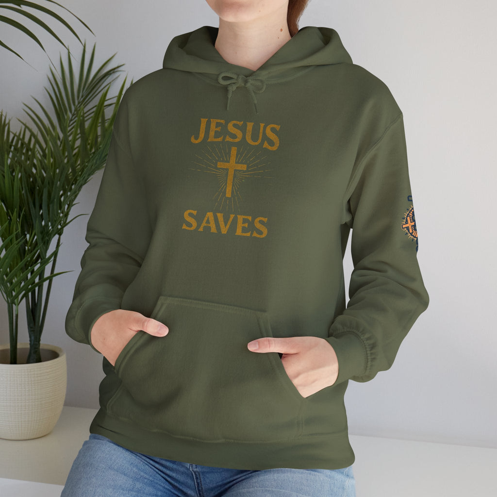 Jesus Saves Hoodie – Radiant Cross & Rays of Light Christian Sweatshirt for Eternal Hope & Faith Printify