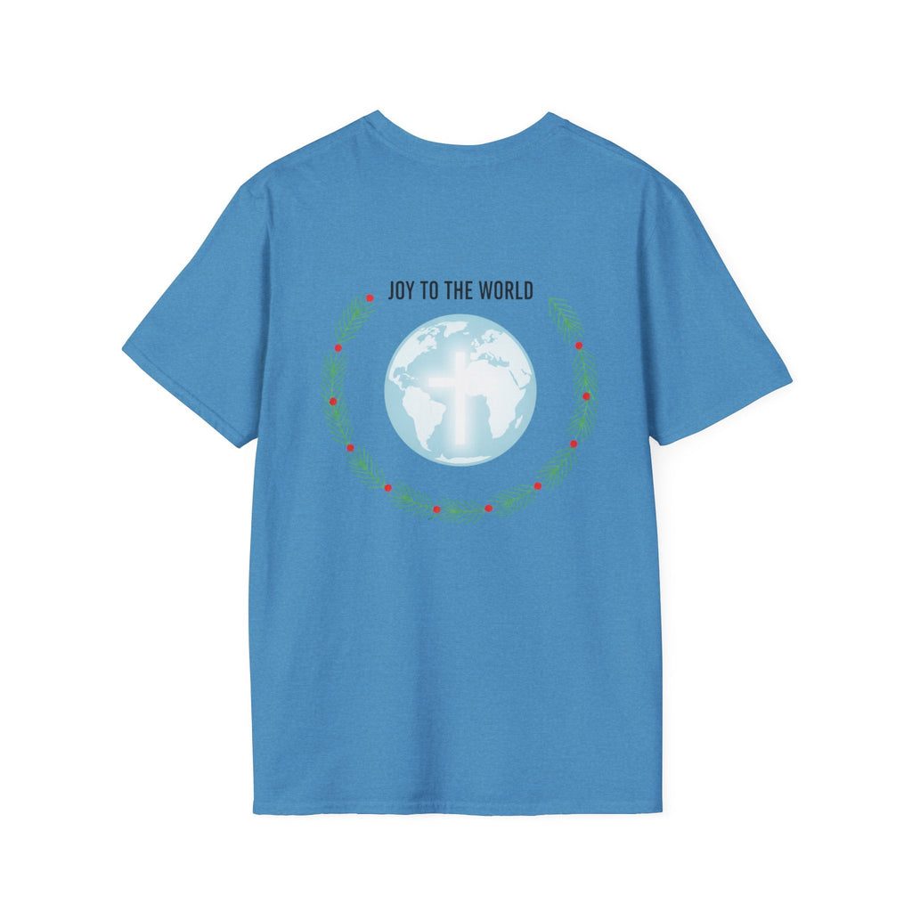 Joy to the World T-shirt – Wreath Earth Nativity Christian Christmas T-shirt for Isaiah 9:6 Holiday Faith & Festive Joy Printify