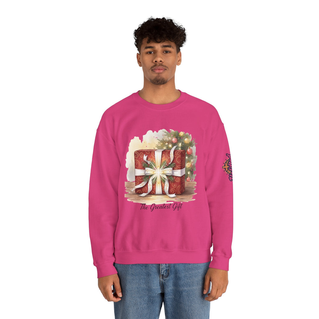 The Greatest Gift Sweatshirt – Cross Bow Present Christian Sweatshirt for Christmas Salvation & Eternal Faith Printify