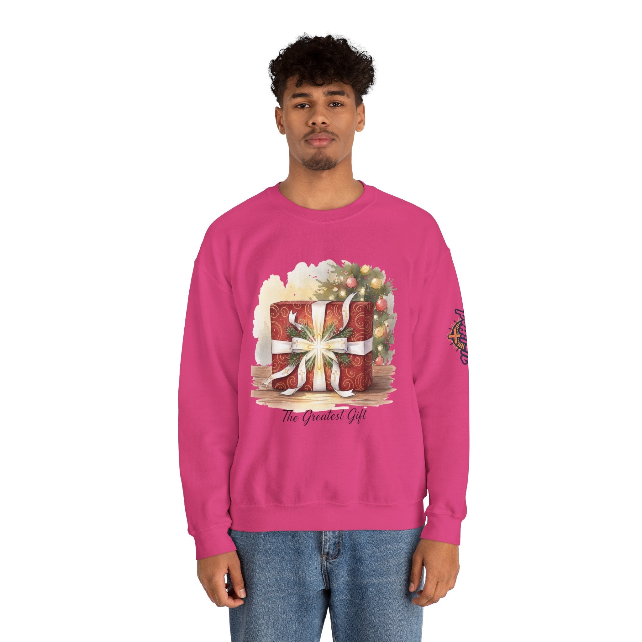 The Greatest Gift Sweatshirt – Cross Bow Present Christian Sweatshirt for Christmas Salvation & Eternal Faith Printify