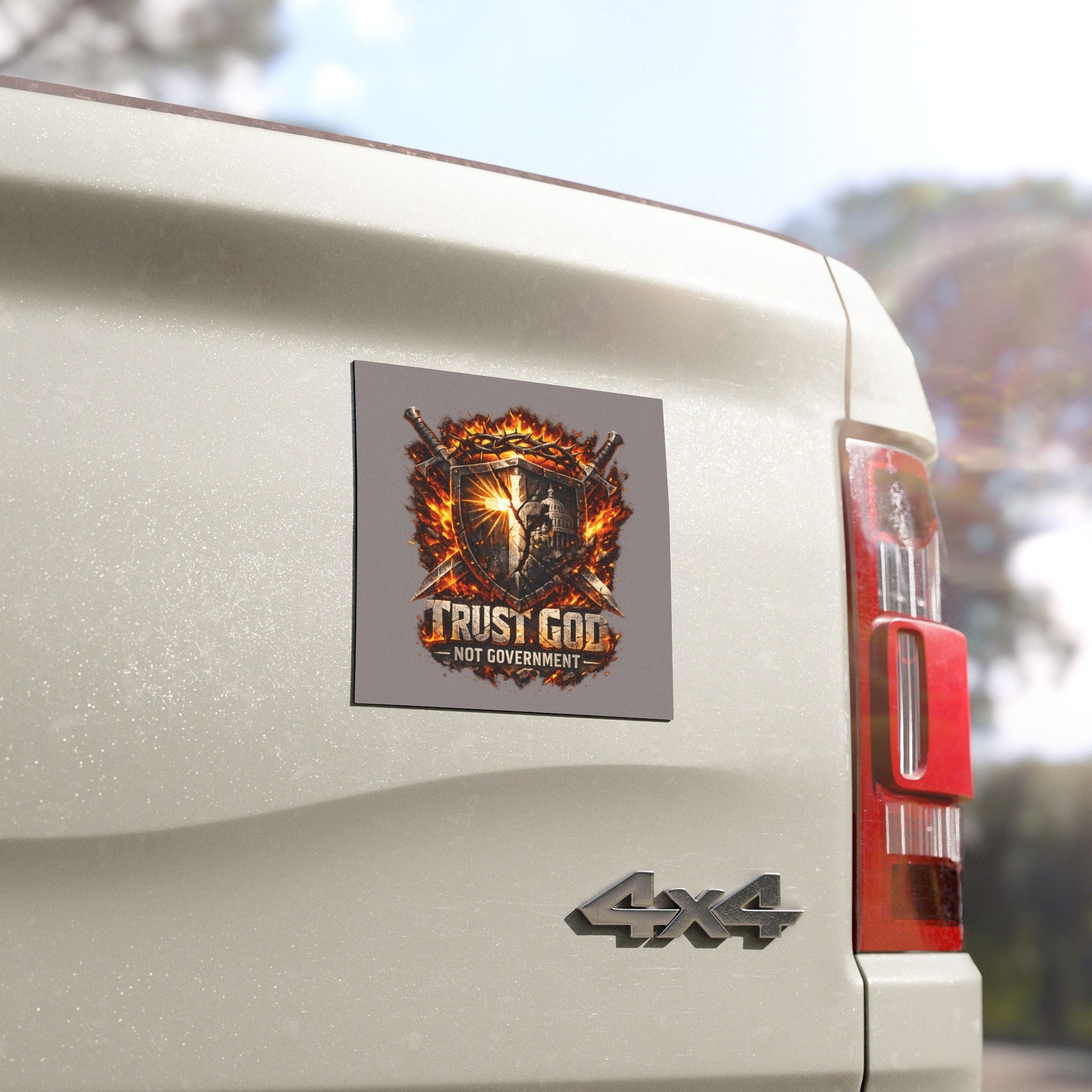 Car Magnet — "Trust God Not Government" Shield Design (Patriotic Faith-Based, Fire & Swords) Printify