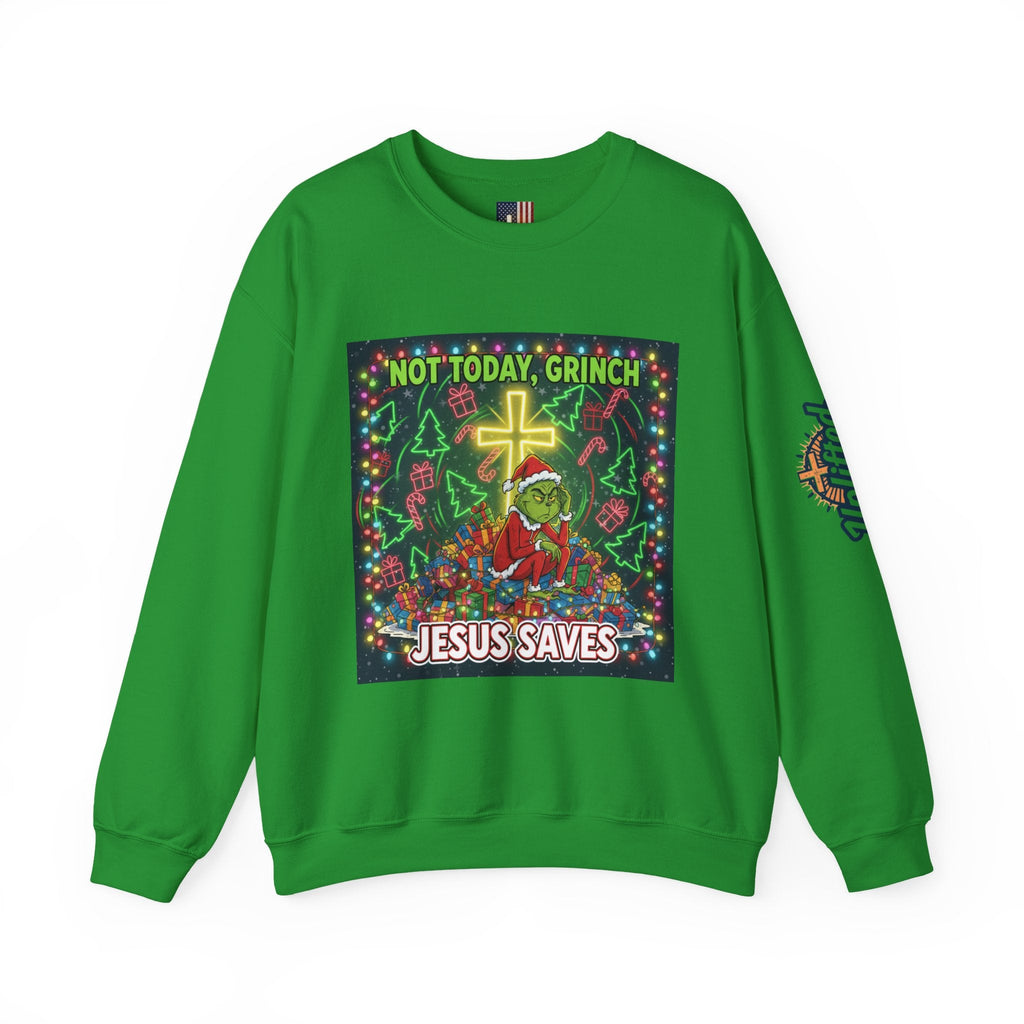 🎄 Not Today, Grinch – Jesus Saves | Funny Christian Christmas Sweatshirt | Festive Green & Red Cartoon Style | Bold Faith Holiday Tee by Uplifted Gear Printify