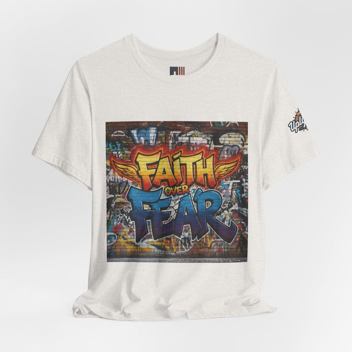 Faith Over Fear T-shirt – Graffiti Wall Christian T-shirt for Bold 2 Corinthians 5:7 Streetwear & Unshakable Faith Printify