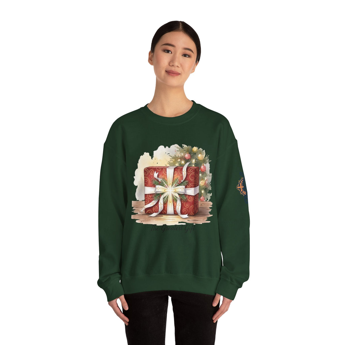 The Greatest Gift Sweatshirt – Cross Bow Present Christian Sweatshirt for Christmas Salvation & Eternal Faith Printify